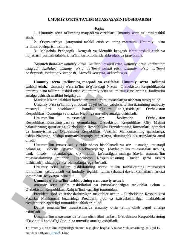 Umumiy o‘rta ta’limni tashkil etish va boshqarish