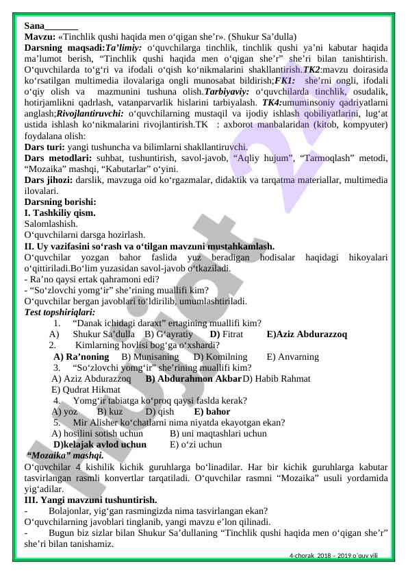 Tinchlik qushi haqida o‘qigan she’r tahlili