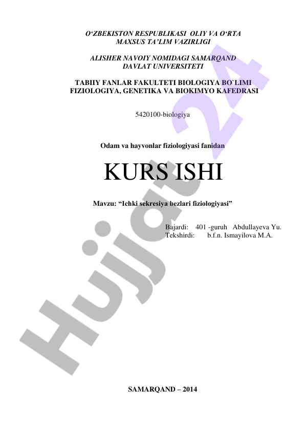 Ichki sekresiya bezlari fiziologiyasi mavzusidagi kurs ishti