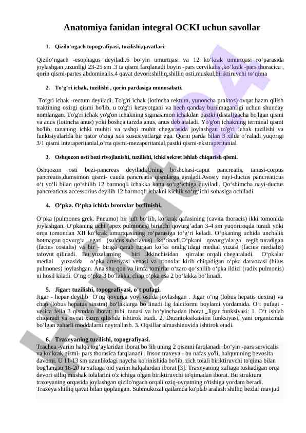 Qizilo‘ngach va to‘g‘ri ichak tuzilishi haqida savollar