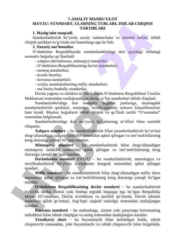 Standartlashtirish va ularning turlari bo‘yicha ma’lumotlar
