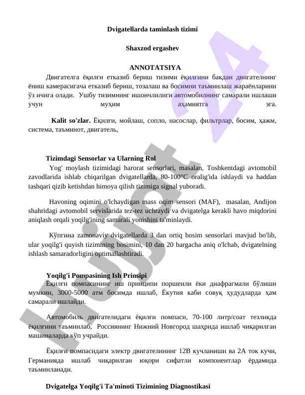 Dvigatellarda taminlash tizimi ma'lumotlari