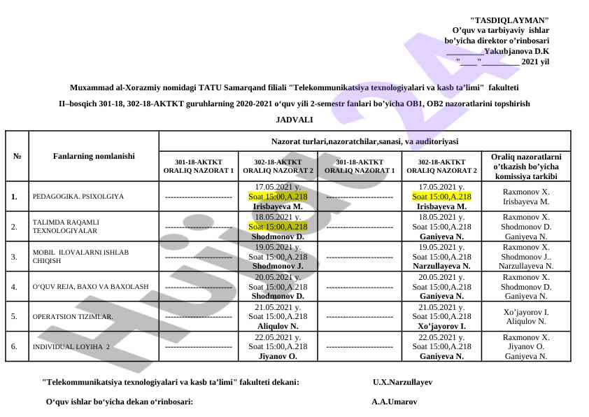 2020-2021 o‘quv yili nazorat jadvallari