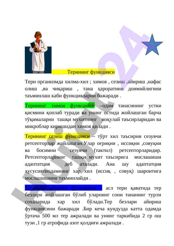 Teri funktsiyalari va ularning ahammiyati
