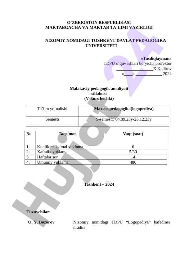 Malakaviy pedagogik amaliyoti sillabusi
