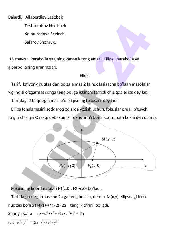 Ellips va parabolaning canonik tenglamalari