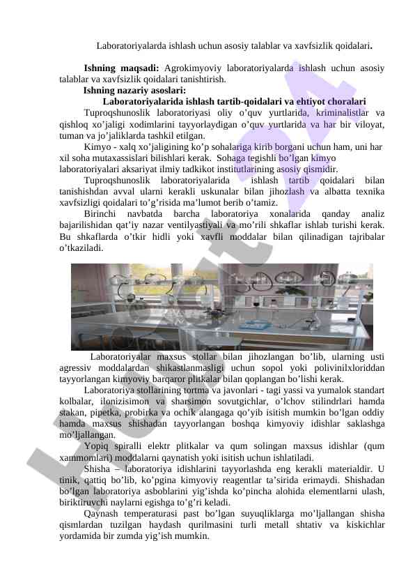Agrokimyoviy laboratoriyalar va xavfsizlik qoidalari