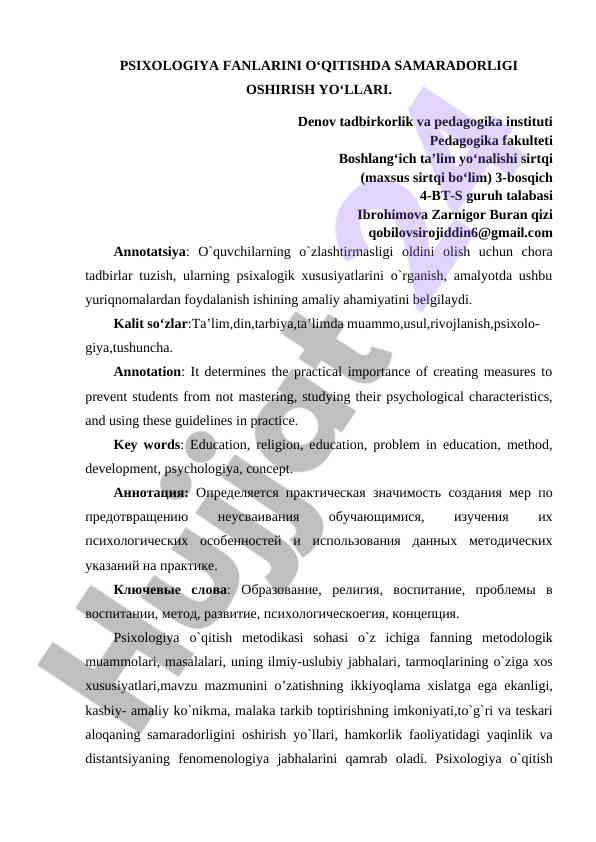 Psixologiya fanlarini o'qitishda samardorlikni oshirish