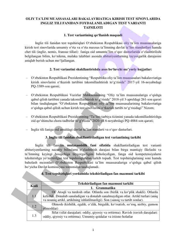 Oliy ta’lim muassasalariga kirish test variantlari