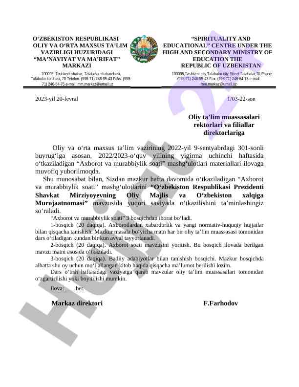 Axborot va murabbiylik soati mashg‘ulotlari