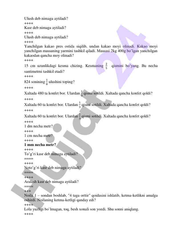Matematika testlari va savollari
