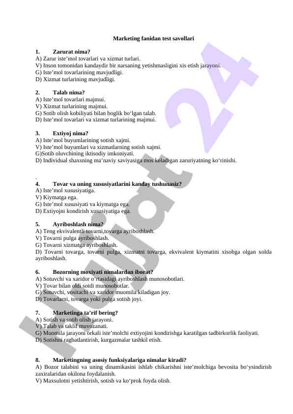 Marketing fanidan test savollari