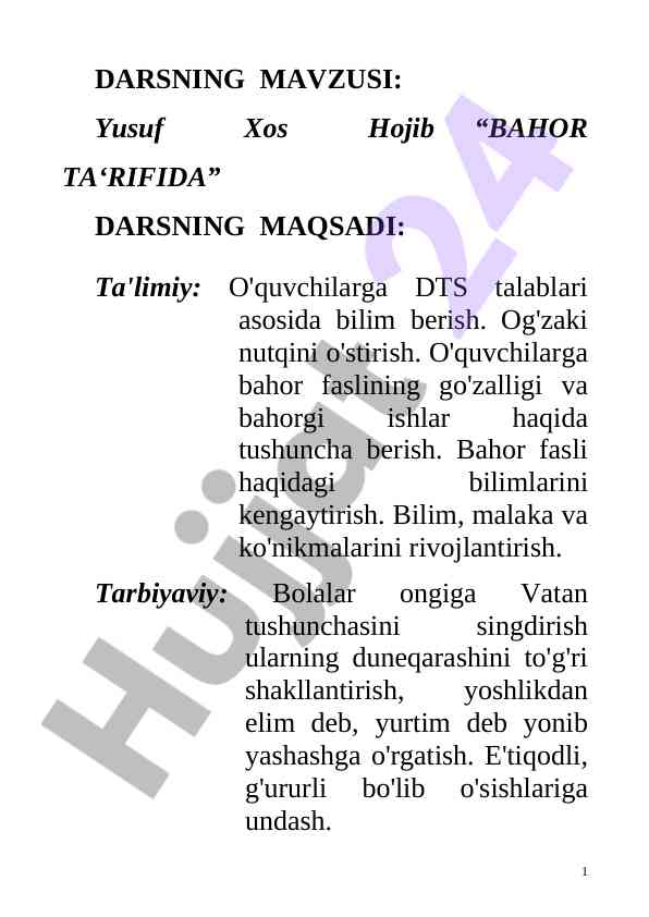 Bahor ta'rifida dars rejalari va maqsadlari