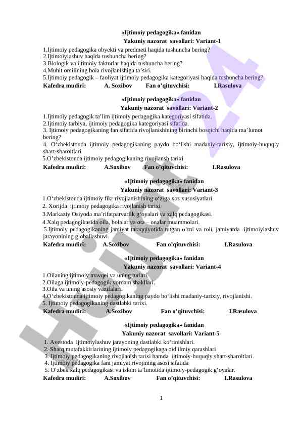 Ijtimoiy pedagogika fanidan yakuniy nazorat savollari