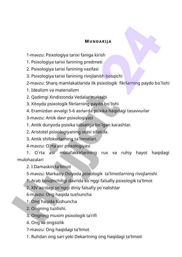 Psixologiya tarixi faniga kirish mavzulari