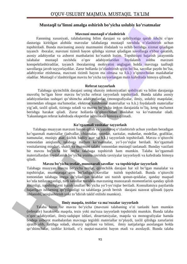 Mustaqil ta’lim bo’yicha uslubiy ko’rsatmalar