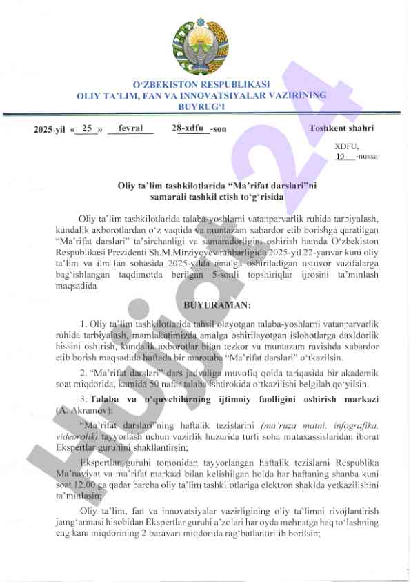 Ma’rifat darslari o‘tkazish tajribasi va taqdimoti