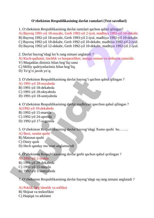 Oʻzbekiston davlat ramzlari haqida test savollari