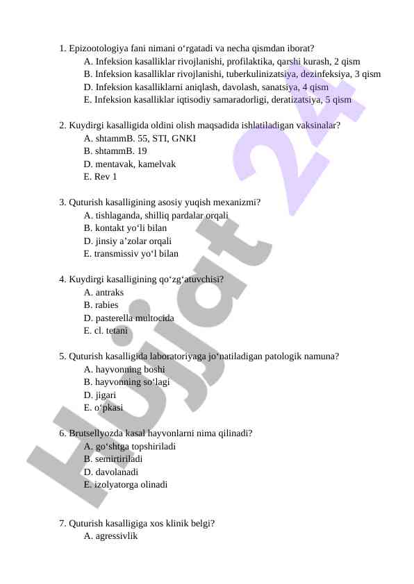 Epizootologiya darslari bo‘yicha test savollari