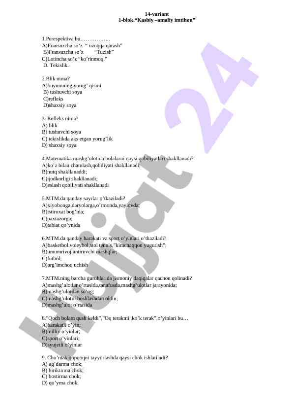 Matematika mashg'ulotlari uchun test savollari