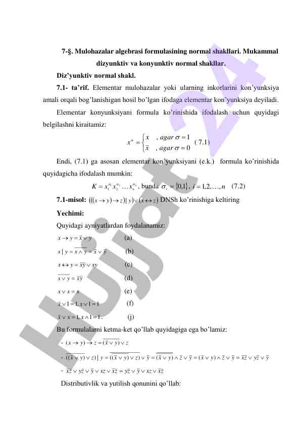 Algebrasi formulasining normal shakllari tahlili