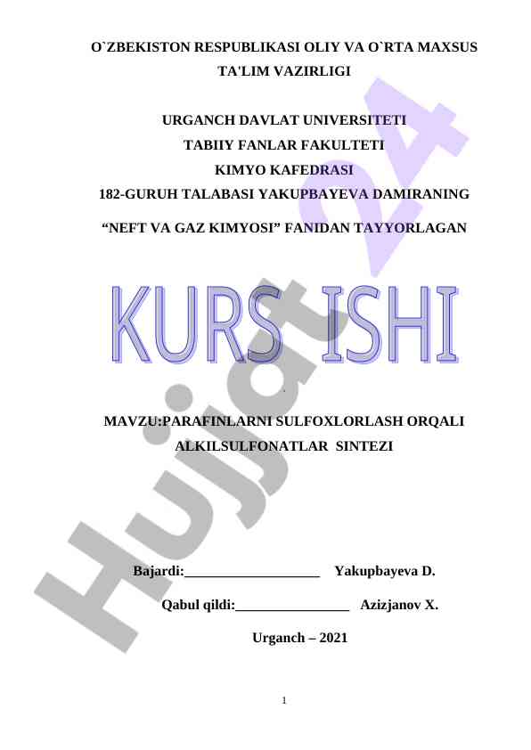 Parafinlarni sulfoxorlash orqali alkil sulfonatlar sintezi