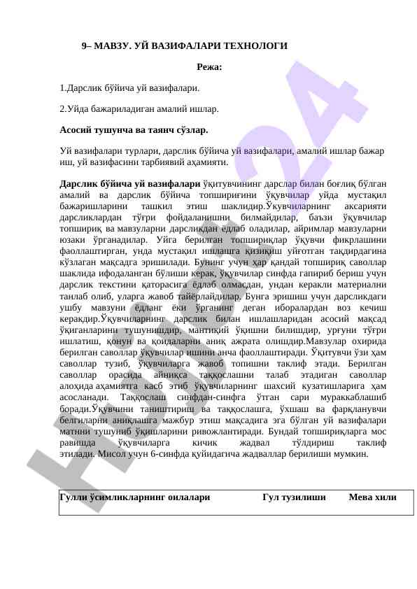 Uy vazifalari texnologiyasi va amaliy ishlar