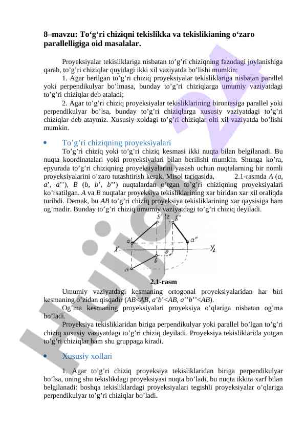 To‘g‘ri chiziq va tekislikning o‘zaro parallelligi