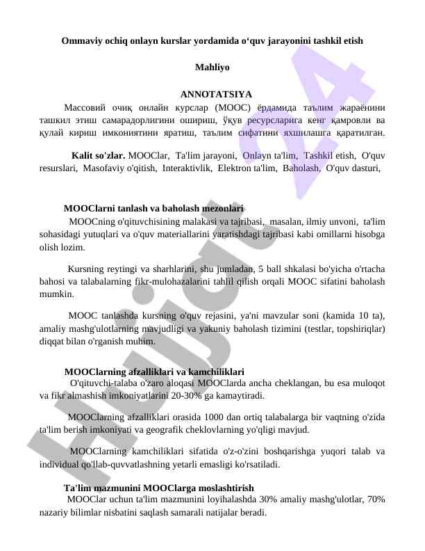 Onlayn kurslar yordamida ta'lim tashkil etish