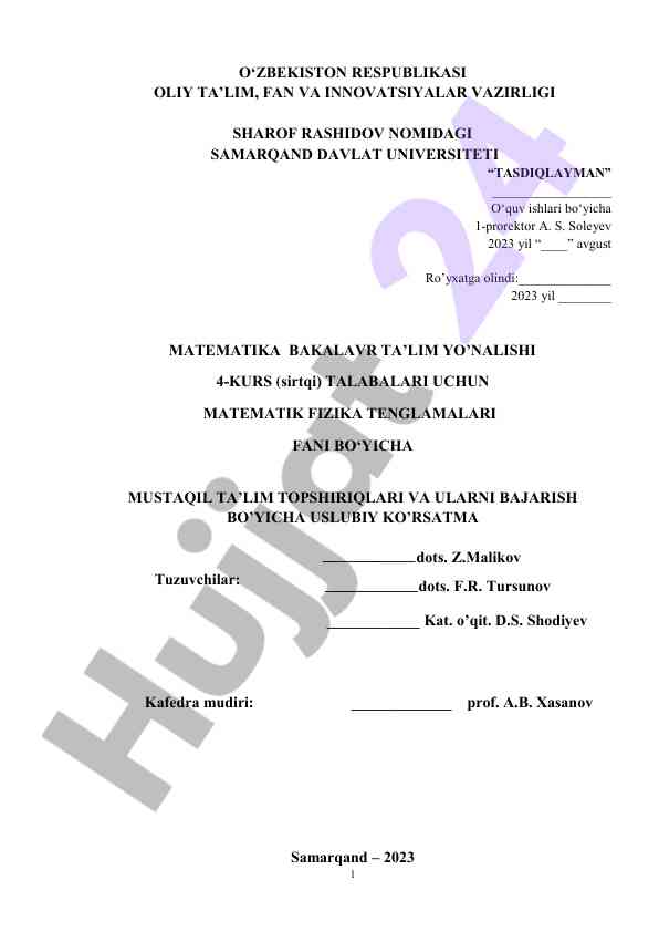 Matematik fizika tenglimalari fani bo‘yicha mustaqil ishlar