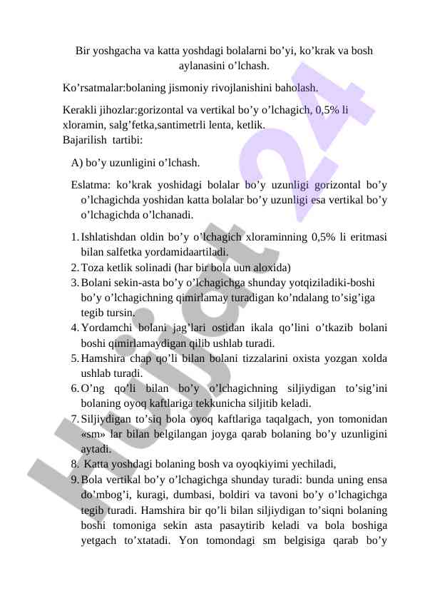 Bolalarni o'lchash: bo'y, ko'krak va bosh aylanasini