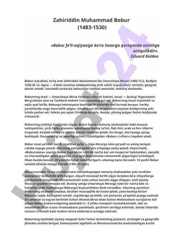 Zahiriddin muhammad bobur biography and contributions