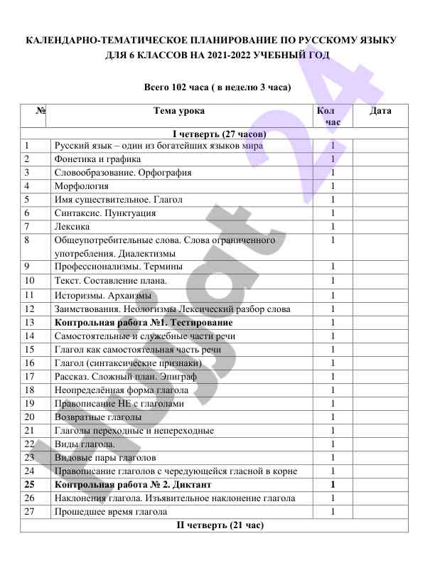 Kalendarnoye tematicheskoye planirovaniye po russkomu yazyku