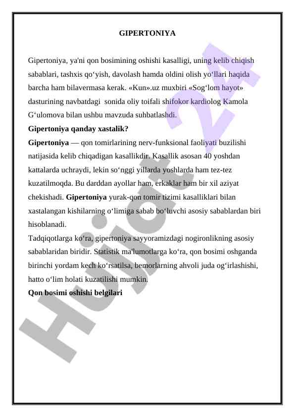 Gipertoniya: qon bosimi oshishi va ta'sirlar