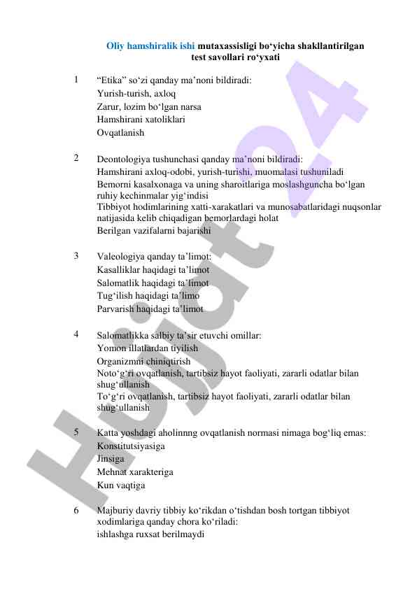 Oliy hamshiralik ishi bo‘yicha test savollari