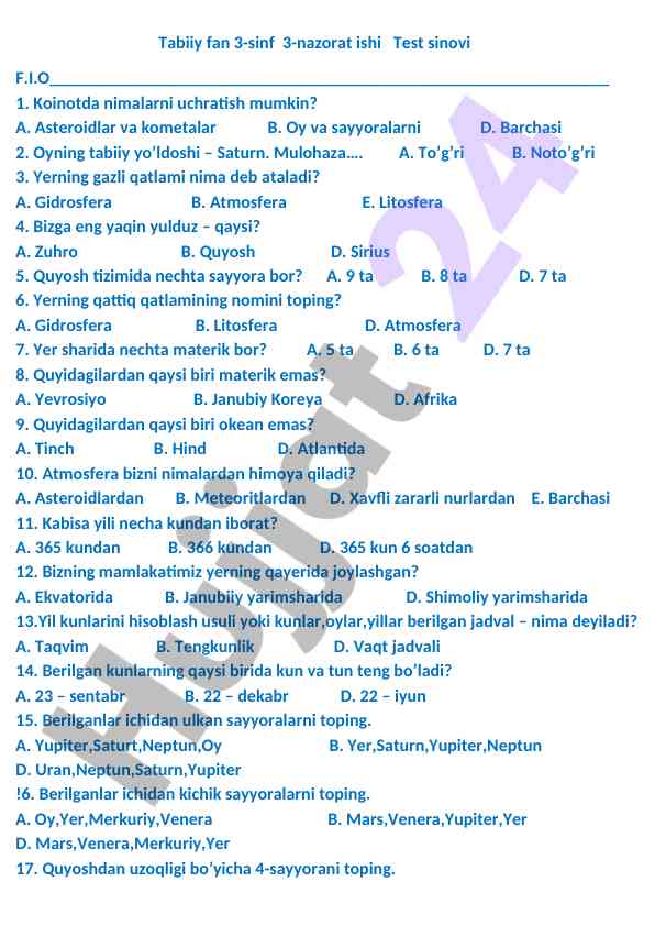 Tabiiy fan 3-sinf 3-nazorat ishi test sinovi