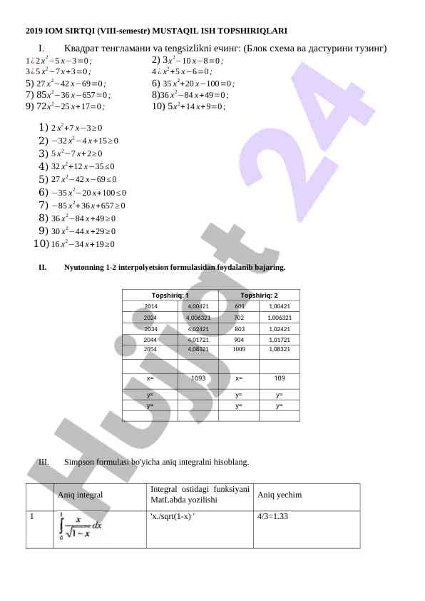 Differentsial tenglamalar bo'yicha mustaqil ish