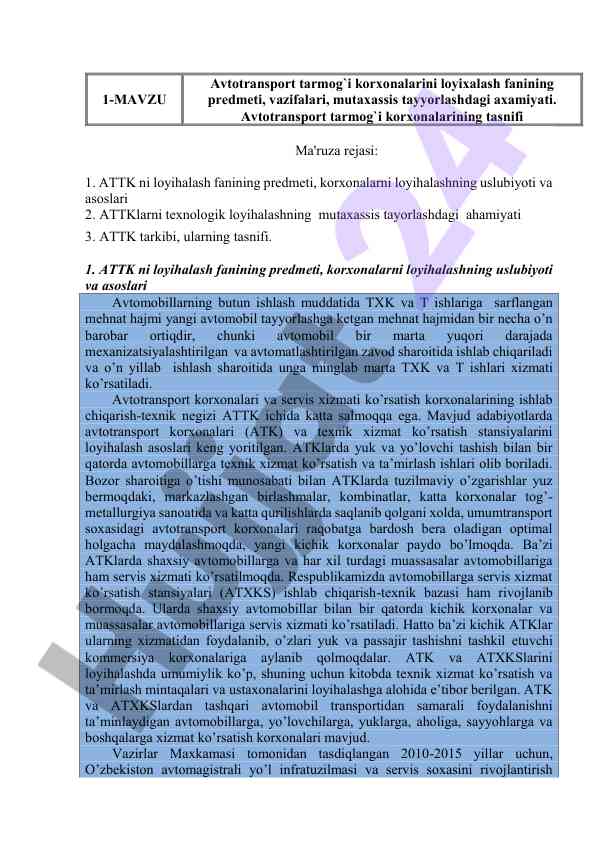 Avtotransport tarmog'i korxonalarini loyihalash
