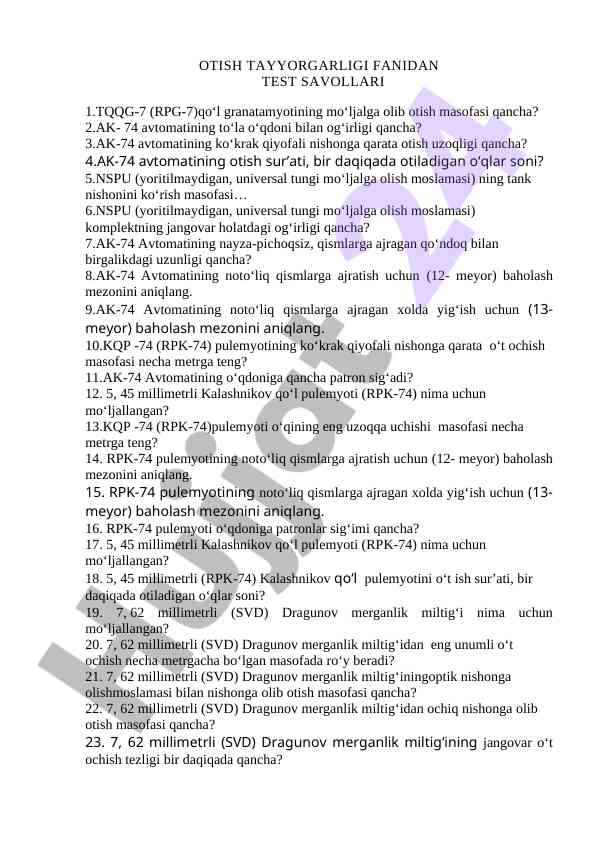 Otish tayyorligi fanidan test savollari