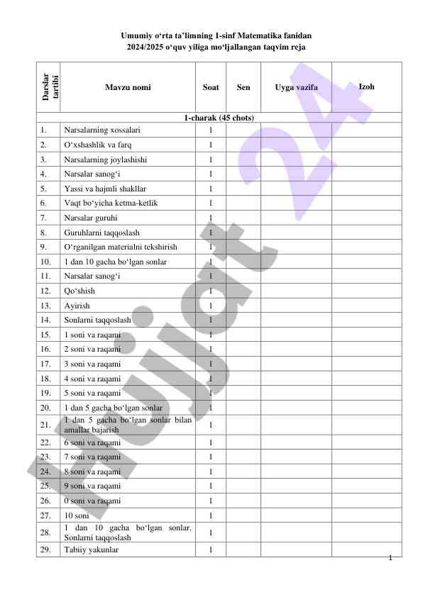 Matematika dars rejasi 1-sinf 2024/2025 oquv yili