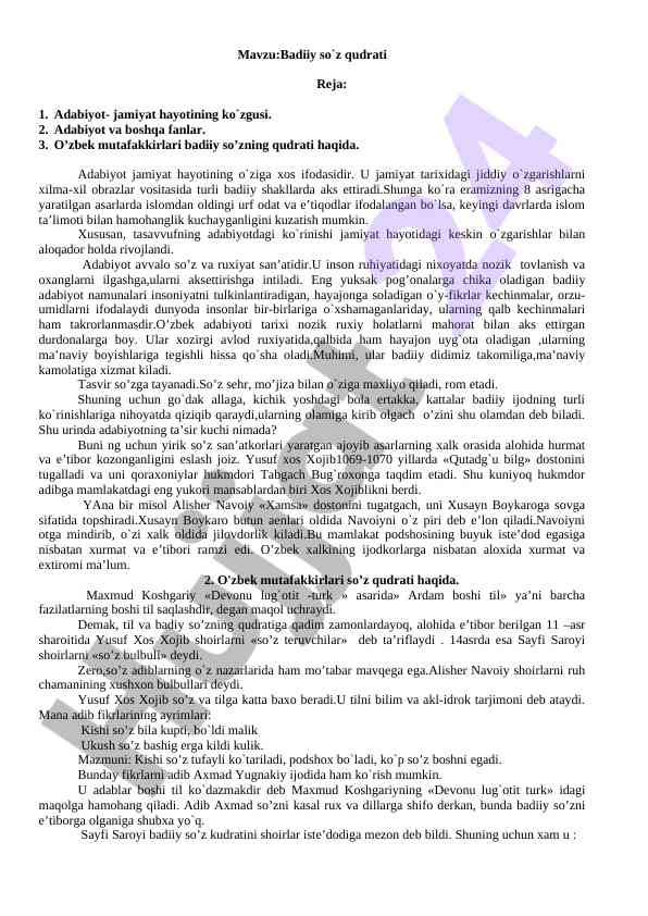Badiiy so'z qudrati va adabiyotning jamiyatdagi o'rni