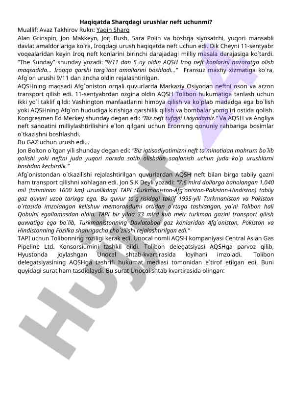 Sharqdagi urushlar va neft resurslari munosabati