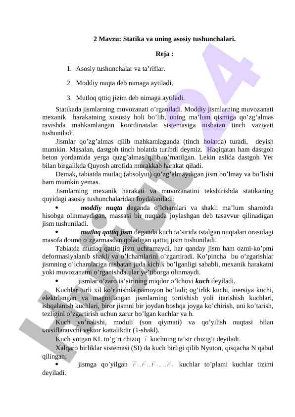 Statika va asosiy tushunchalari bo'yicha kurs ishlari