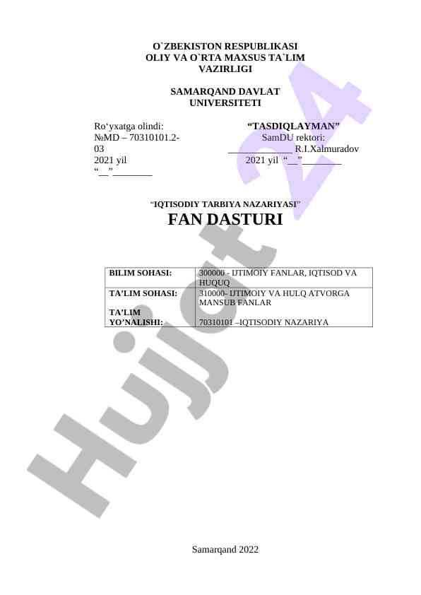 Iqtisodiy tarbiya nazariyasi fan dasturi