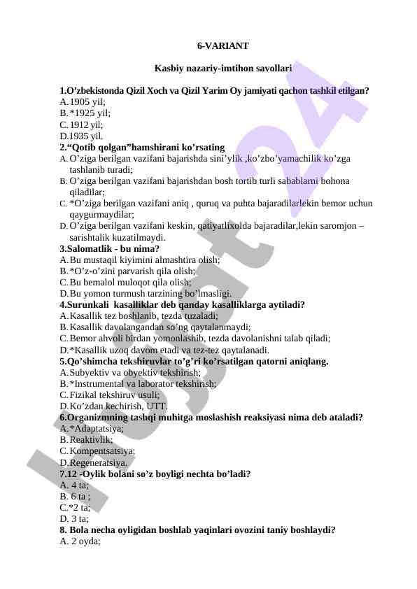 Kasbiy nazariy-imtihon savollari testi