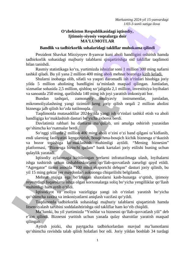 O'zbekistonda aholi bandligi va takliflar taqdimoti