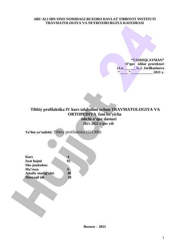 Trаvmatologiya va ortopediyaga o‘quv dasturi 2021-2022