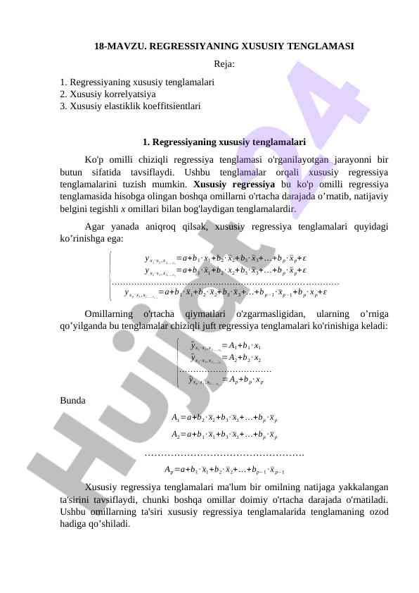 Regressiyaning Xususiy Tenglamalari Va Korrelyatsiyasi