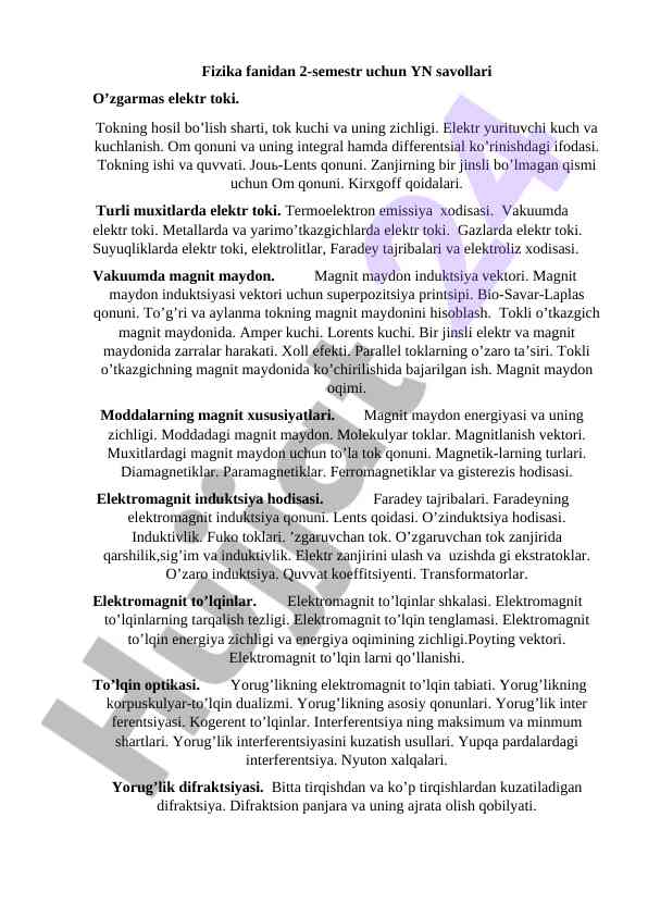 Fizika fanidan elektr toki bilan bogʻliq savollar