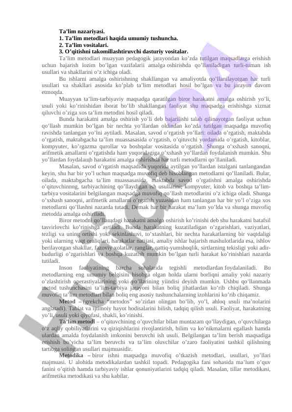 Ta’lim metodlari va vositalari haqida umumiy tushuncha